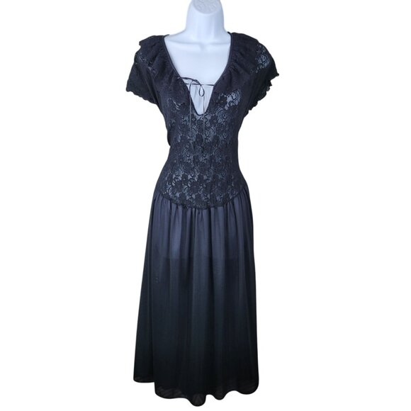 Vtg Sexy Nightgown Slip Plus 2X 3X Lingerie Dress Black Lace Long Midi Stretch - Picture 2 of 8